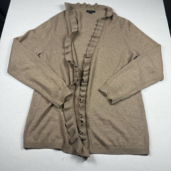 Lands End Womens Wool Blend Cardigan Beige Ruffled Open Front Warm Sweater XL - Picture 1 of 10
